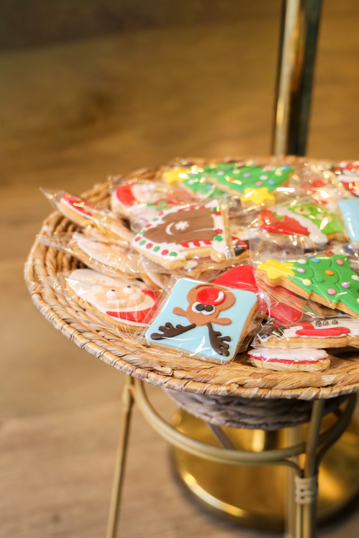 Basket of festive decorated Christmas cookies