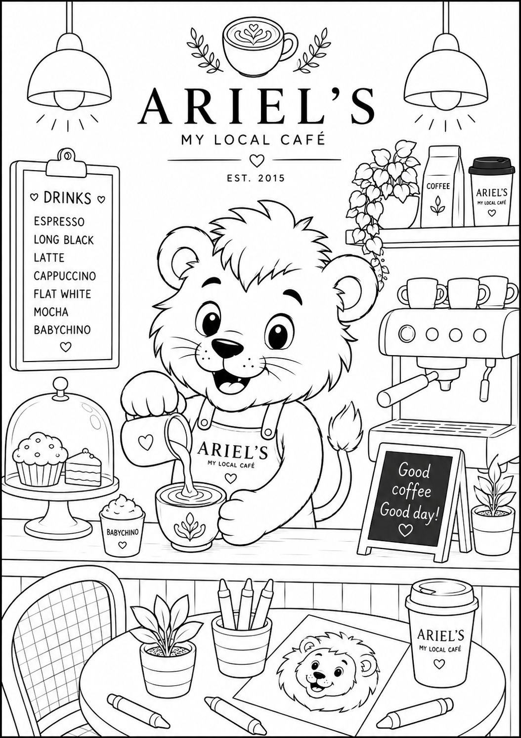 Ari at the Counter — Ari's Kids Club colouring sheet