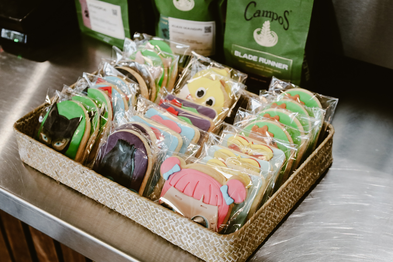 Tray of hand-decorated character cookies