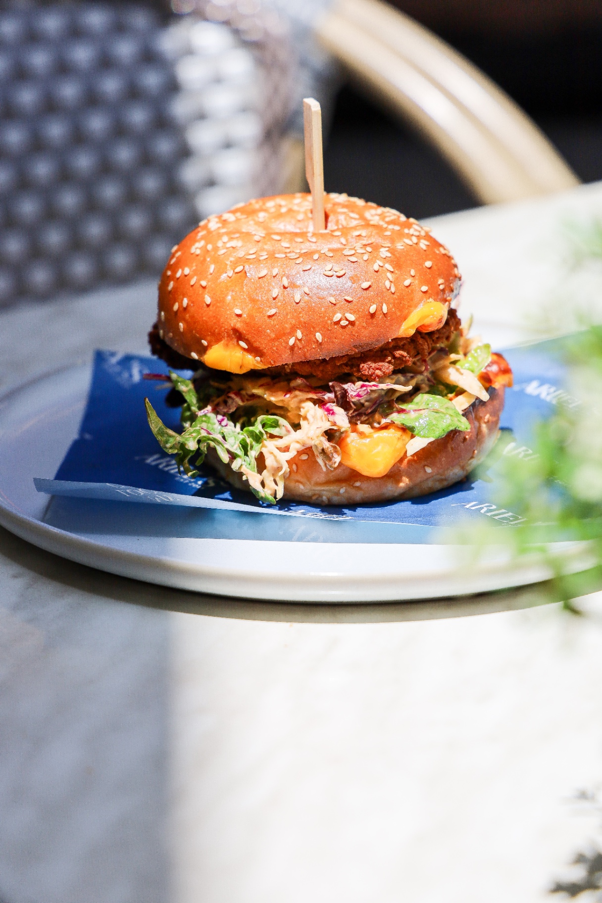 Crispy chicken burger with slaw on an Ariel's branded plate