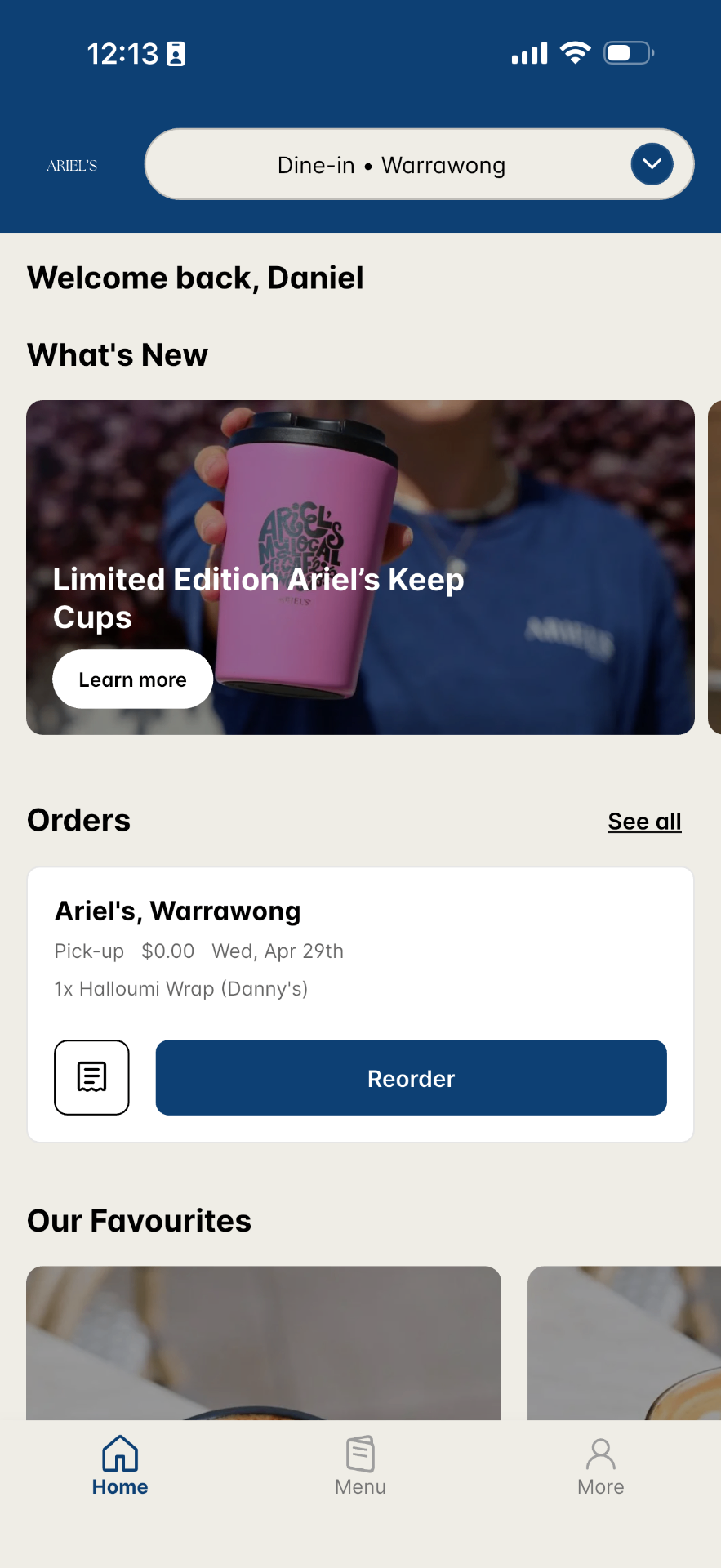 Ariel's app home screen — Welcome back Daniel, What's New, recent orders