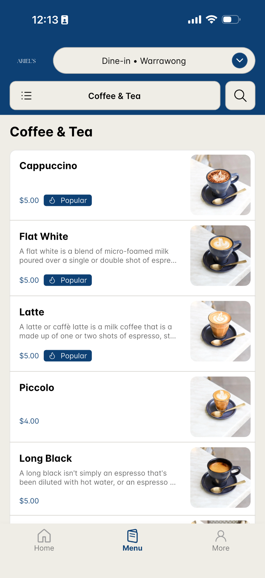 Ariel's app — Coffee & Tea menu with prices and photos